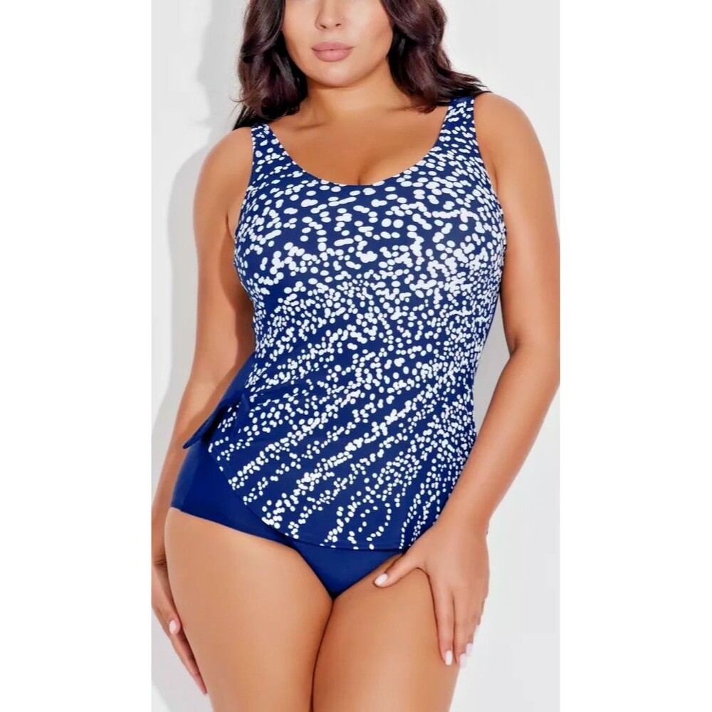 Womens 2XL Blue White Print One Piece Swimsuit Tummy Control Wireless Padded